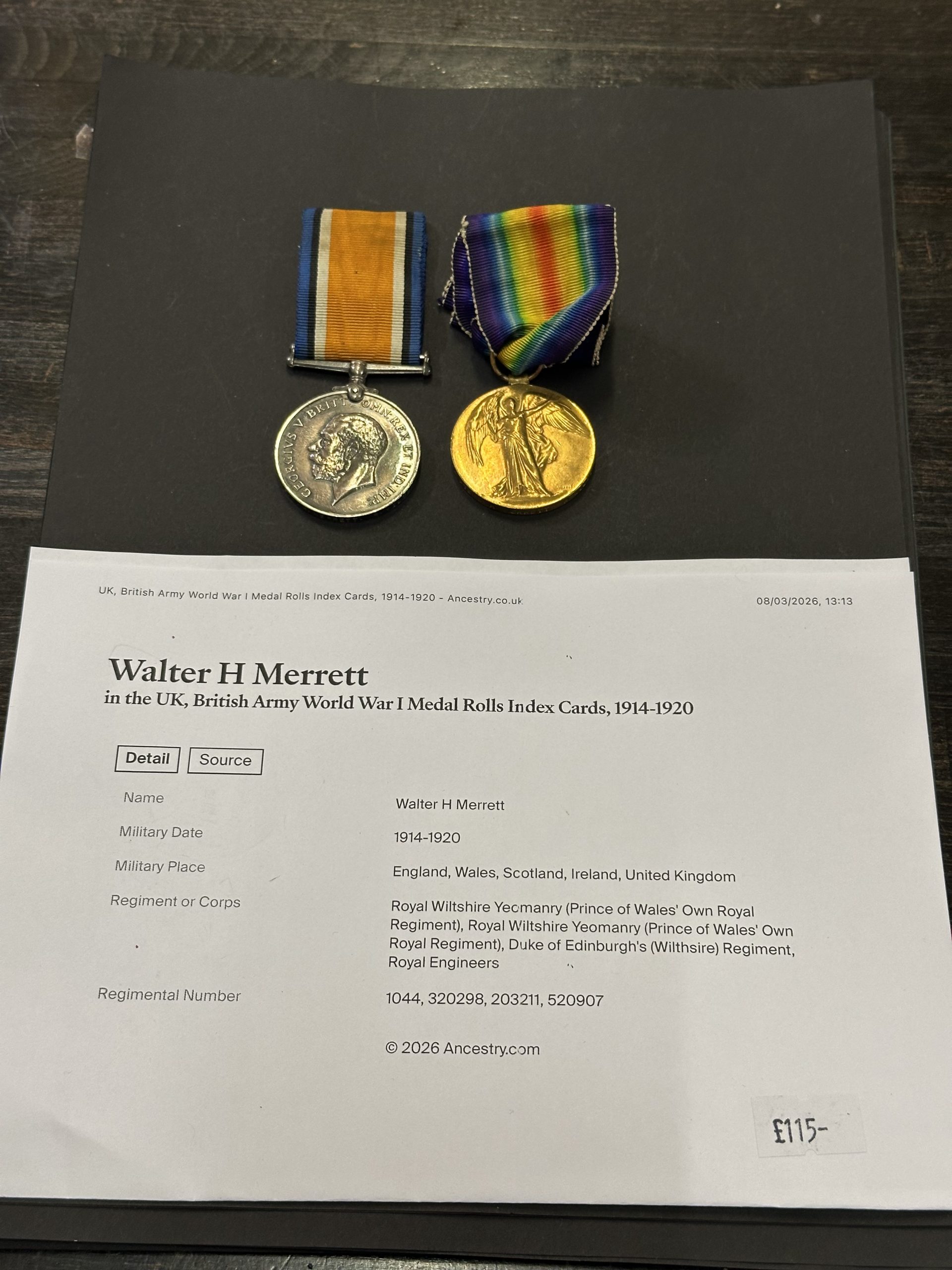 WWI Pair Merrett , WW1 Pair Royal Wiltshire Yeomanry , WWI Pair Merrett scaled, Bygones Shop