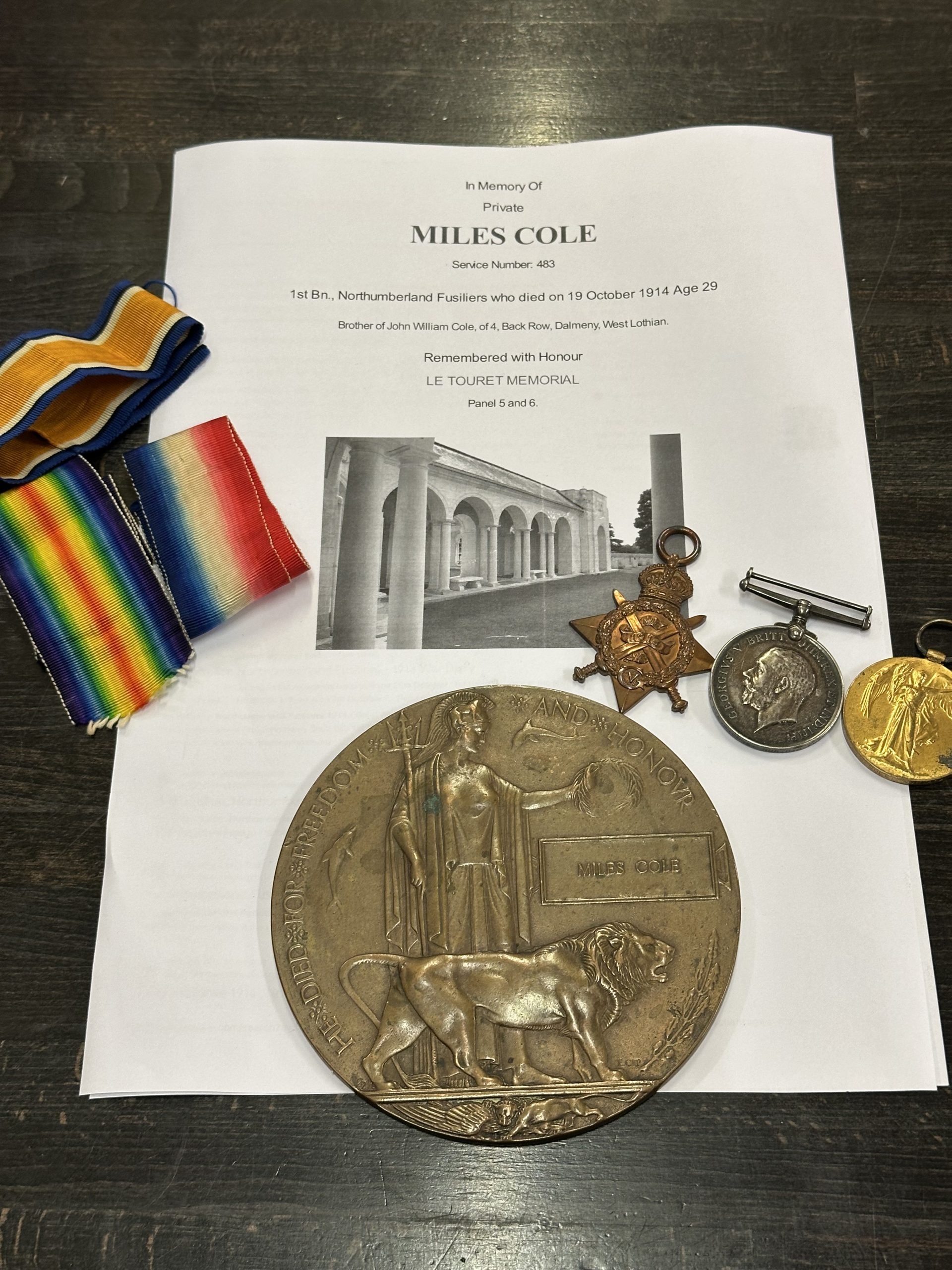 WWI Trio Plaque to an October 1914 Northumberland Fusiliers Casualty
