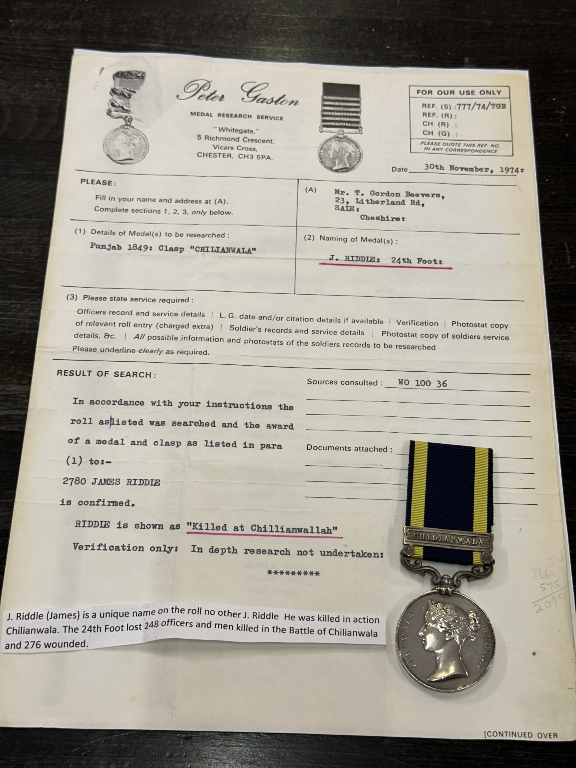 Punjab Medal 1849 Riddle 2 , Punjab Medal 1849 Clasp Chilianwala to a 24th Foot Casualty , Punjab Medal 1849 Riddle 2 scaled, Bygones Shop