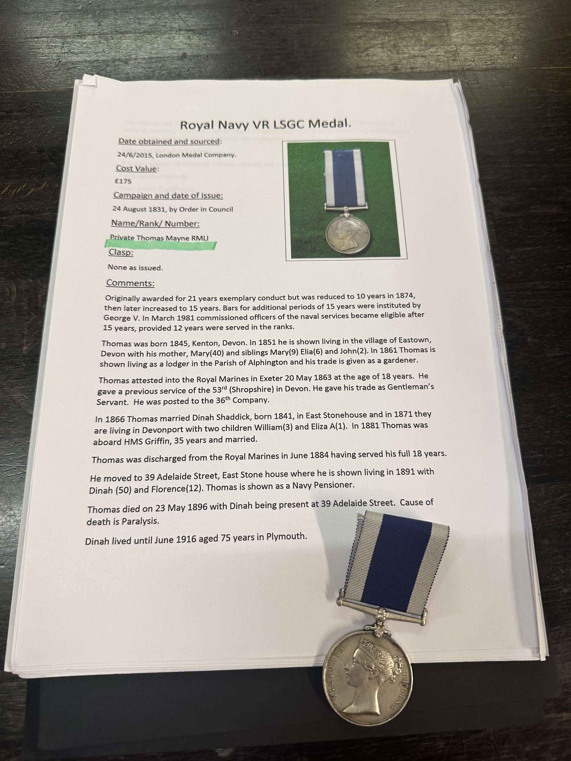 LSGC Mayne , Victorian Naval Long Service & Good Conduct Medal to a Royal Marine (unusually named with a ship rather than company) , LSGC Mayne scaled, Bygones Shop