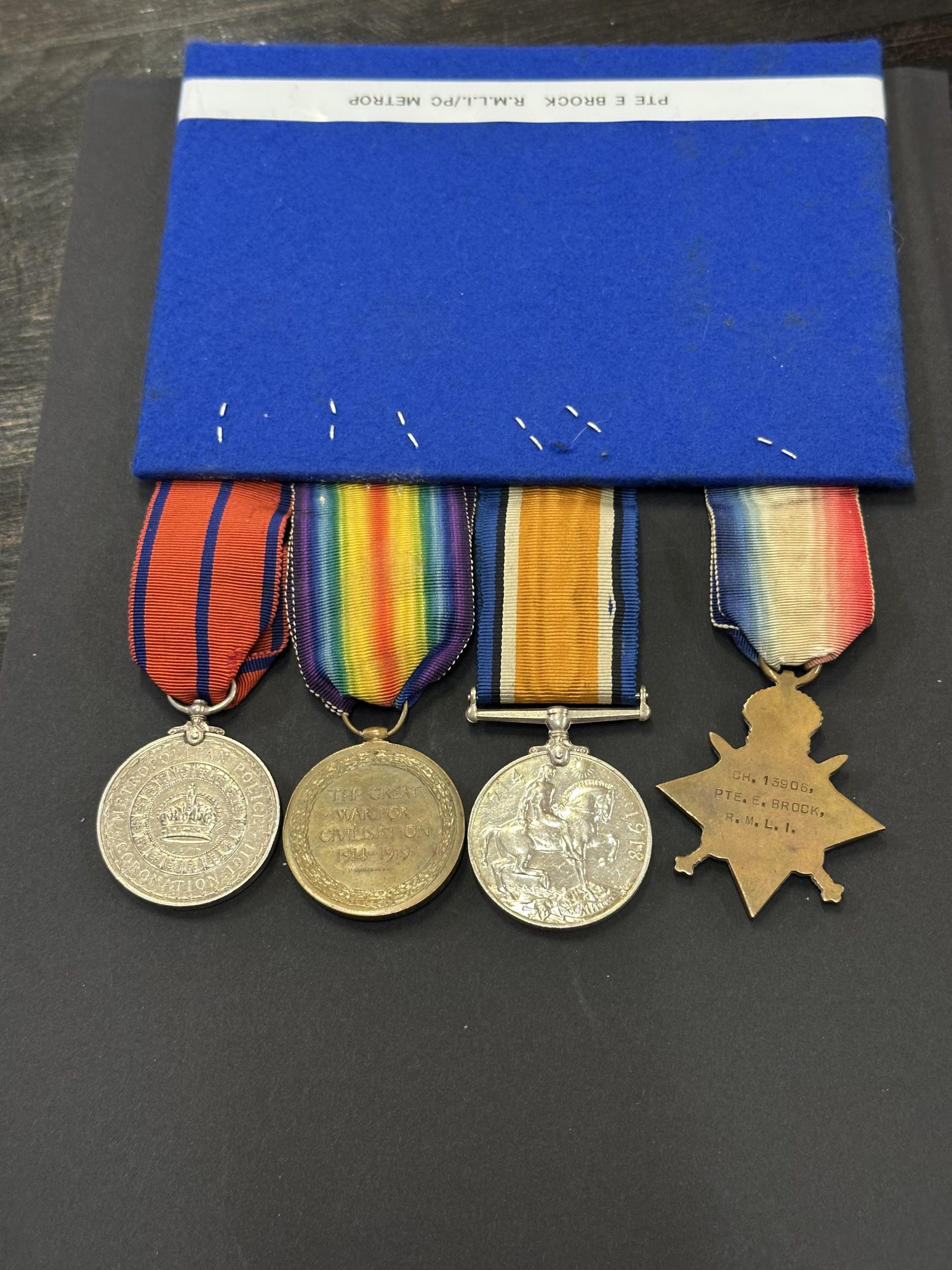 WWI Group Police Brock 5 , Royal Marine Light Infantry WWI Trio & Metropolitan Police 1911 Coronation Medal , WWI Group Police Brock 5 scaled, Bygones Shop