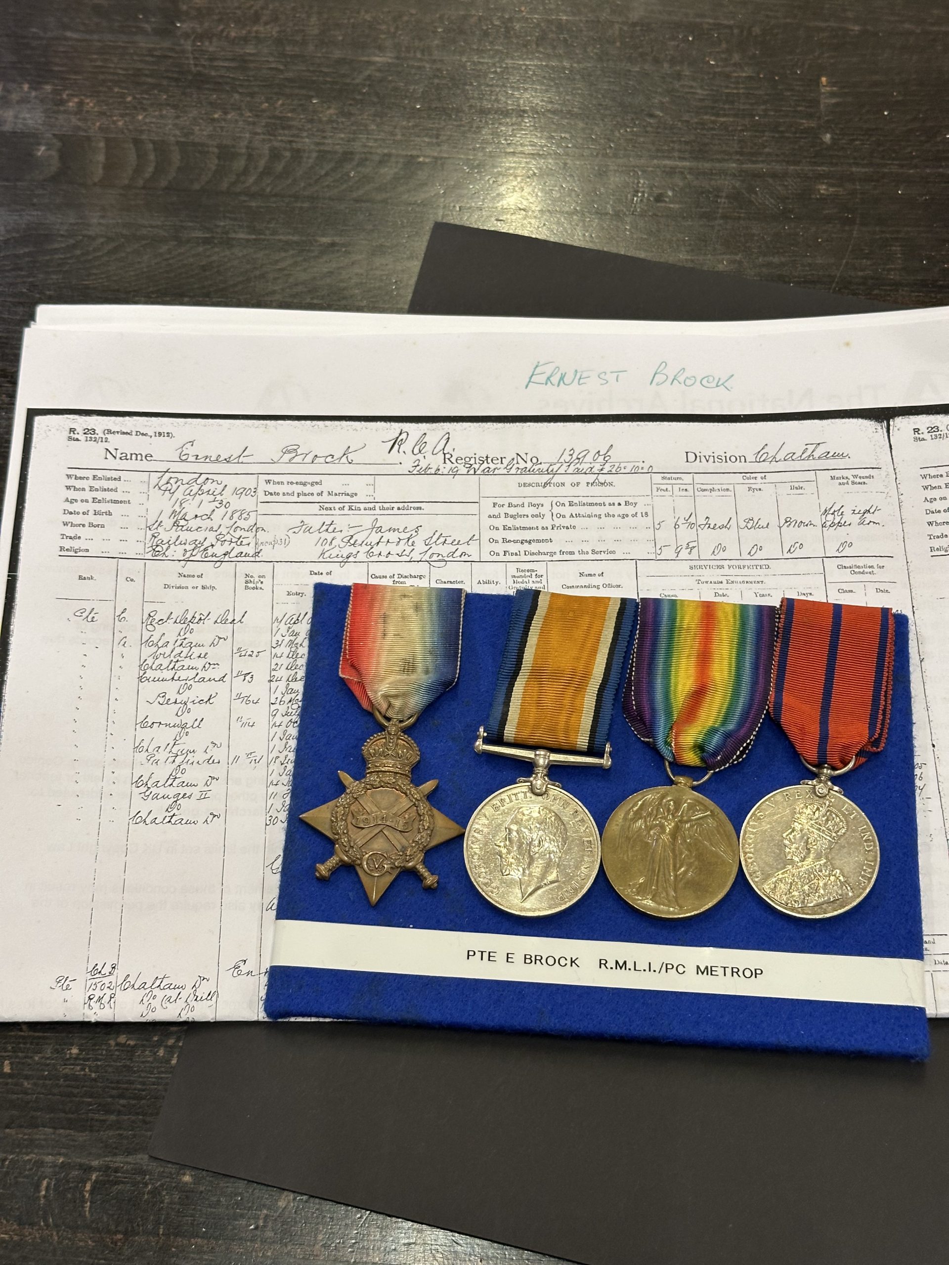 WWI Group Police Brock , Royal Marine Light Infantry WWI Trio & Metropolitan Police 1911 Coronation Medal , WWI Group Police Brock scaled, Bygones Shop