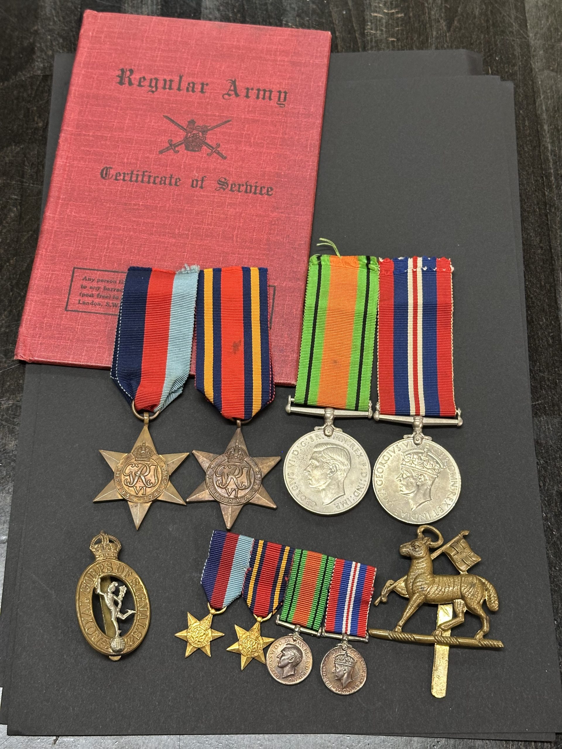 WWII Medals, Cap Badges, Regular Army Certificate of Service Queens Regiment/Signals