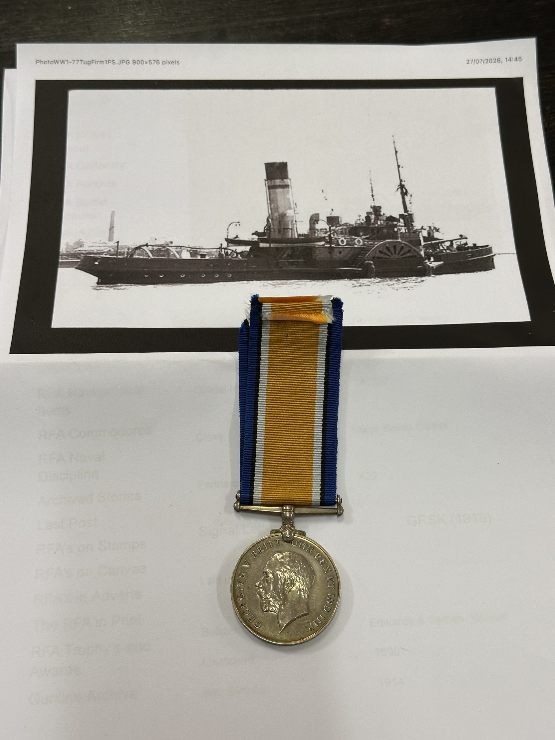 WWI War Medal Service with the Royal Navy-Engineer Tug Growler- Portsmouth Dockyard