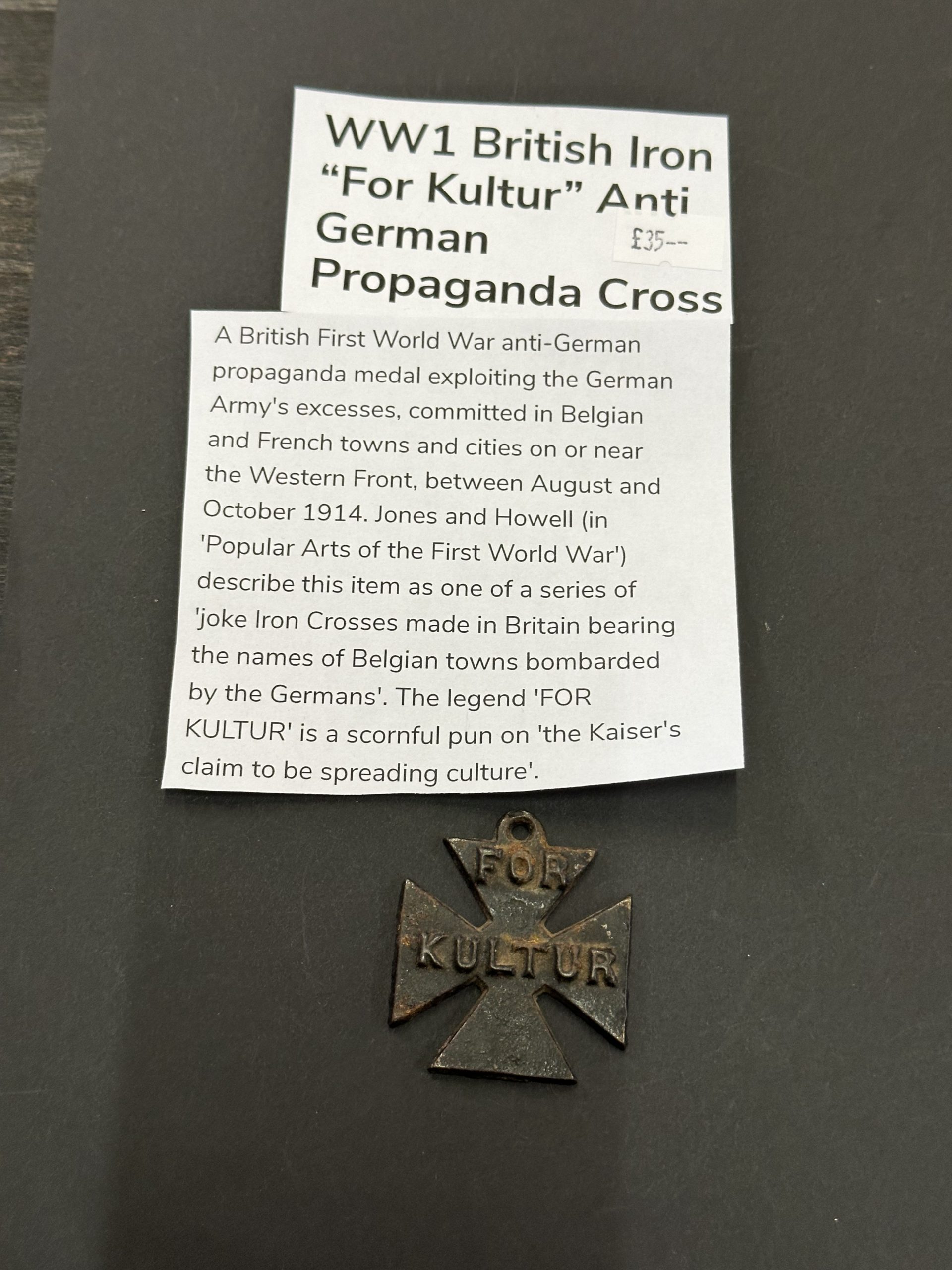 WWI British Iron 'For Kultur' Anti German Propaganda Cross